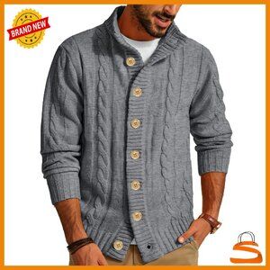 Men's Cable Knit Cardigan Stand Collar Button Down Sweater Long Sleeve